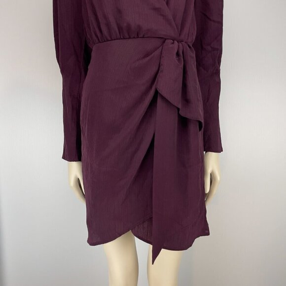CAMAIEU French Satin Ruched Gatered Waist Long sleeves Eggplant Mini Dress sz 36 - Picture 5 of 7